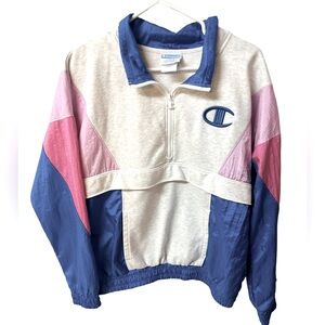 Champion Vintage Style Colorblock 1/2 Zip Mixed Media Pullover Windbreaker Large